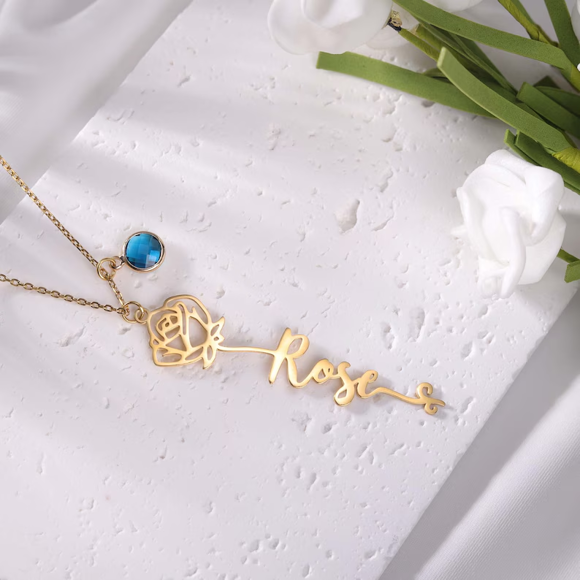 Picture of Birth Flower Name Necklace - Personalized Birth Flower Name Necklace with Birthstone - Flower Name Necklace