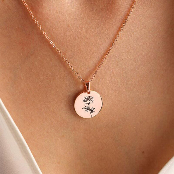Picture of Personalized Birth Flower Jewelry - Disc Pendant Engraved Coin Necklace - Gifts For He - Christmas Gift