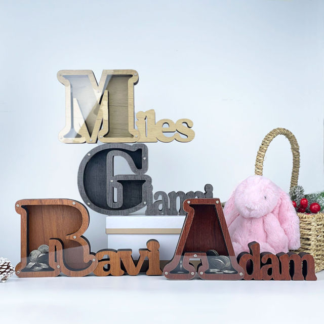 Picture of Personalized Wooden Name Piggy-Bank for Kids - Transparent Money Saving Box - Best Birthday and Christmas Gift