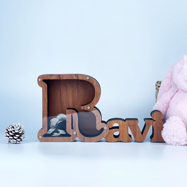 Picture of Personalized Wooden Name Piggy-Bank for Kids - Transparent Money Saving Box - Best Birthday and Christmas Gift