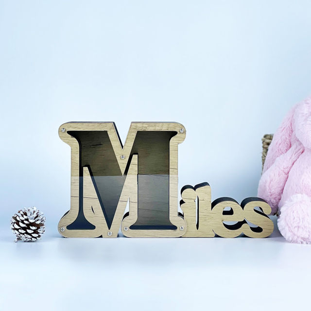 Picture of Personalized Wooden Name Piggy-Bank for Kids - Transparent Money Saving Box - Best Birthday and Christmas Gift