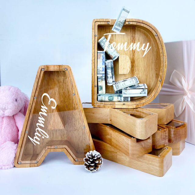 Picture of Personalized Wooden Piggy Bank for Kids Boys Girls - Large Piggy Banks 26 English Alphabet Letter - Best Gift for Children on Birthday or Christmas