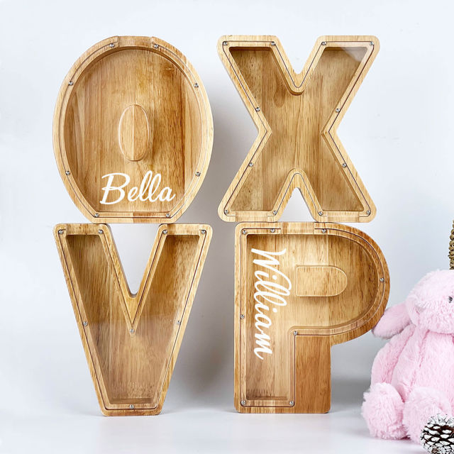 Picture of Personalized Wooden Piggy Bank for Kids Boys Girls - Large Piggy Banks 26 English Alphabet Letter - Best Gift for Children on Birthday or Christmas