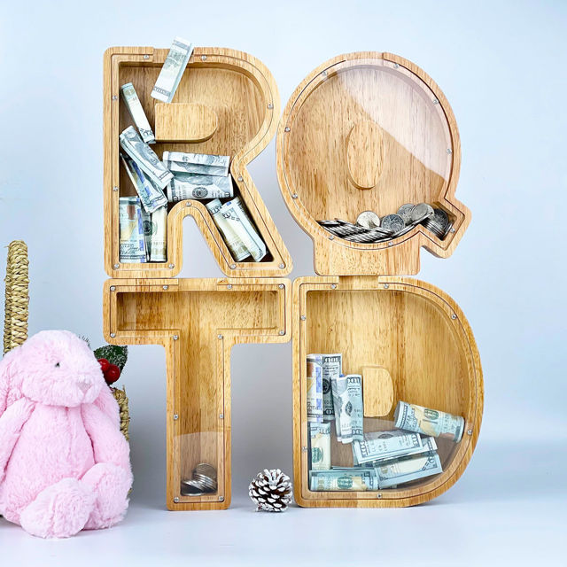 Picture of Personalized Wooden Piggy Bank for Kids Boys Girls - Large Piggy Banks 26 English Alphabet Letter - Best Gift for Children on Birthday or Christmas