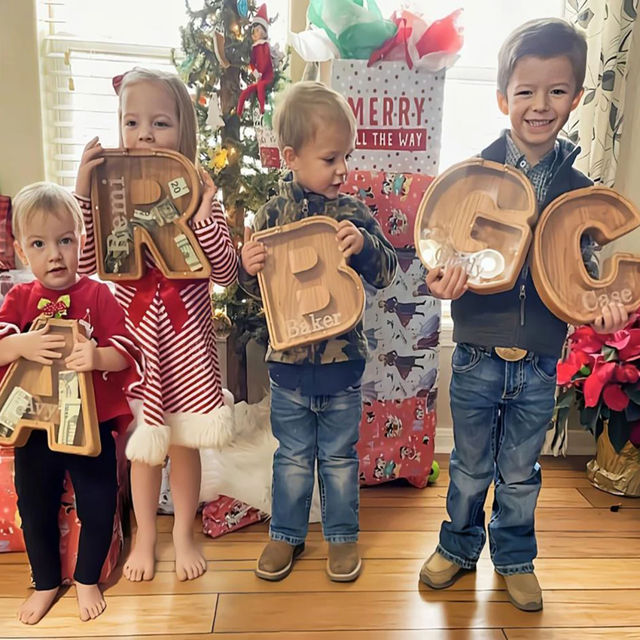 Picture of Personalized Wooden Piggy Bank for Kids Boys Girls - Large Piggy Banks 26 English Alphabet Letter - Best Gift for Children on Birthday or Christmas