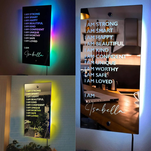 Picture of Personalized Name LED Neon Sign Mirror - Customized Illuminated Name Mirror - Personalized Affirmation Mirror - Wall Art Light Up Mirror - Best Birthday, Anniversary & Christmas Gift