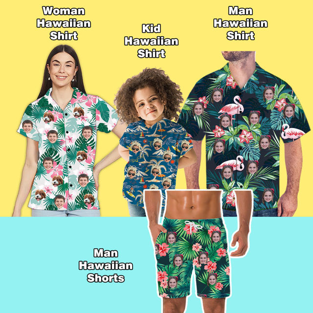 Picture of Custom Face Photo Hawaiian Shirts & Shorts - Personalized Face Photo Short Sleeve Casual Hawaiian Shirts for Family - Best Summer Beach Party Shirts - Style #1