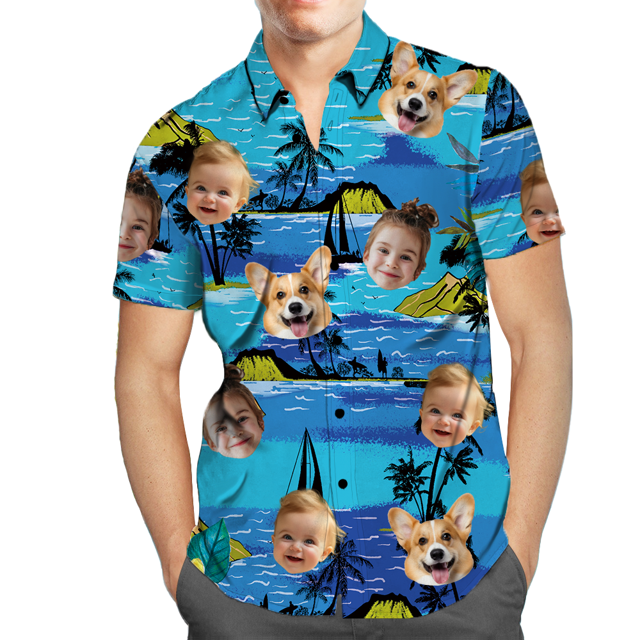 Picture of Custom Face Photo Hawaiian Shirts & Shorts - Personalized Face Photo Short Sleeve Casual Hawaiian Shirts for Family - Best Summer Beach Party Shirts - Style #3