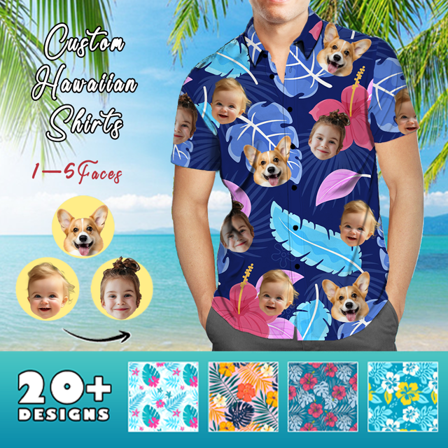 Picture of Custom Face Photo Hawaiian Shirts & Shorts - Personalized Face Photo Short Sleeve Casual Hawaiian Shirts for Family - Best Summer Beach Party Shirts - Style #13