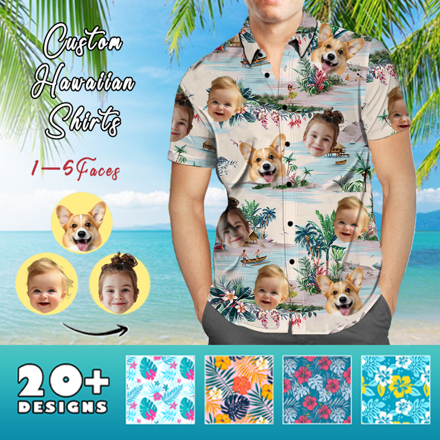 Picture of Custom Face Photo Hawaiian Shirts & Shorts - Personalized Face Photo Short Sleeve Casual Hawaiian Shirts for Family - Best Summer Beach Party Shirts - Style #9