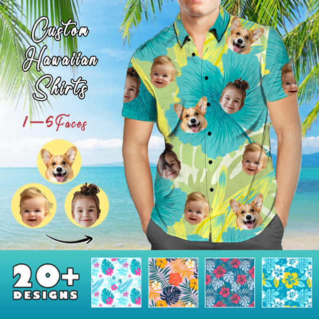 Picture of Custom Face Photo Hawaiian Shirts & Shorts - Personalized Face Photo Short Sleeve Casual Hawaiian Shirts for Family - Best Summer Beach Party Shirts - Style #23