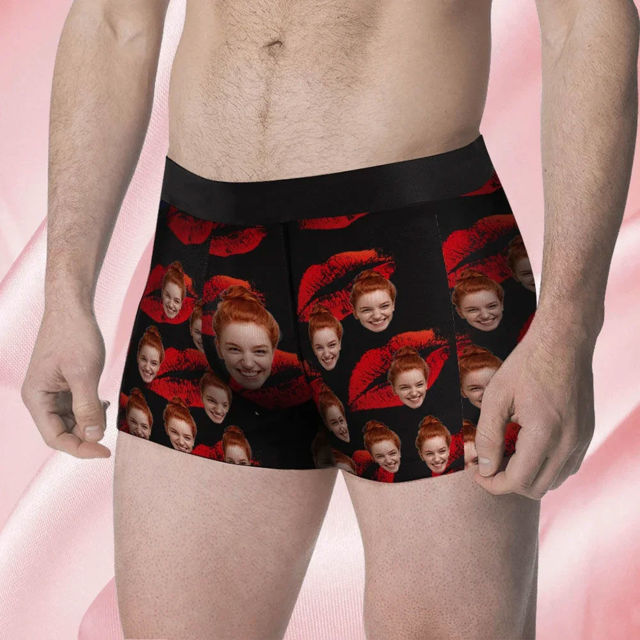 Picture of Custom Men's Boxer Briefs, Custom Face Men's Boxer, Red Lips Style Underwear, Gifts for Husband, Waistband Text Boxer Gift