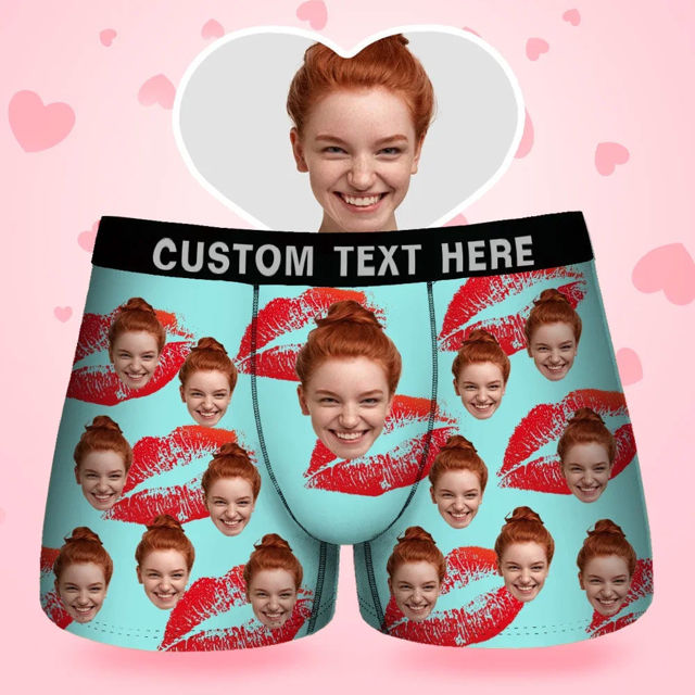 Picture of Custom Men's Boxer Briefs, Custom Face Men's Boxer, Red Lips Style Underwear, Gifts for Husband, Waistband Text Boxer Gift