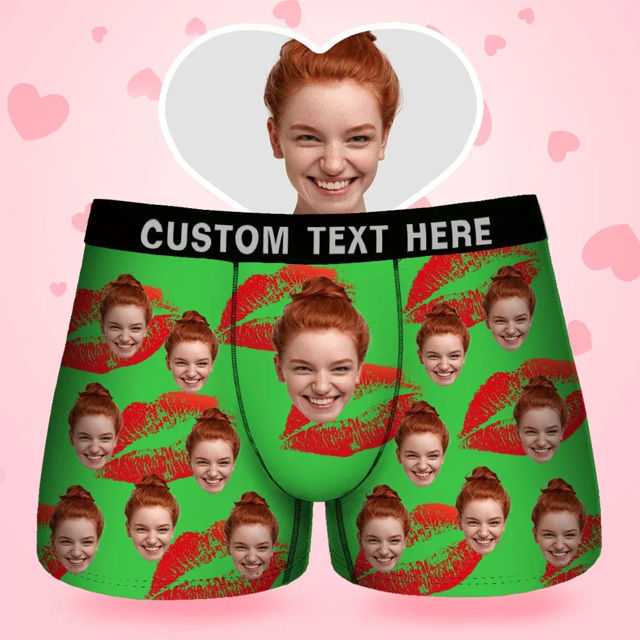 Picture of Custom Men's Boxer Briefs, Custom Face Men's Boxer, Red Lips Style Underwear, Gifts for Husband, Waistband Text Boxer Gift