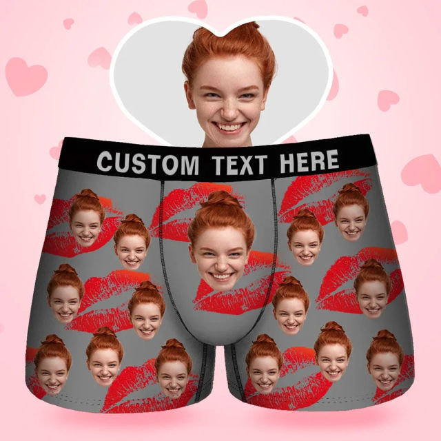 Picture of Custom Men's Boxer Briefs, Custom Face Men's Boxer, Red Lips Style Underwear, Gifts for Husband, Waistband Text Boxer Gift