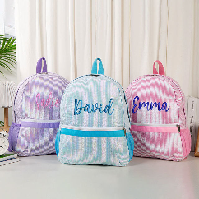 Picture of Custom Student Backpacks Pre-School Backpacks - Custom Embroidered Monogrammed Children's Seersucker Backpacks - Back to School Gifts for Kids