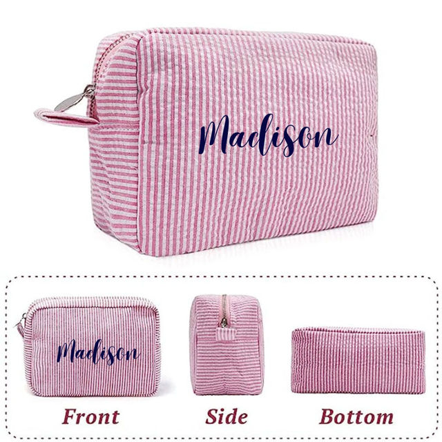 Picture of Custom Embroidered Striped Makeup Bag - Custom Seersucker Storage Makeup Bag - Personalized Travel and Business Travel Portable Storage Bag