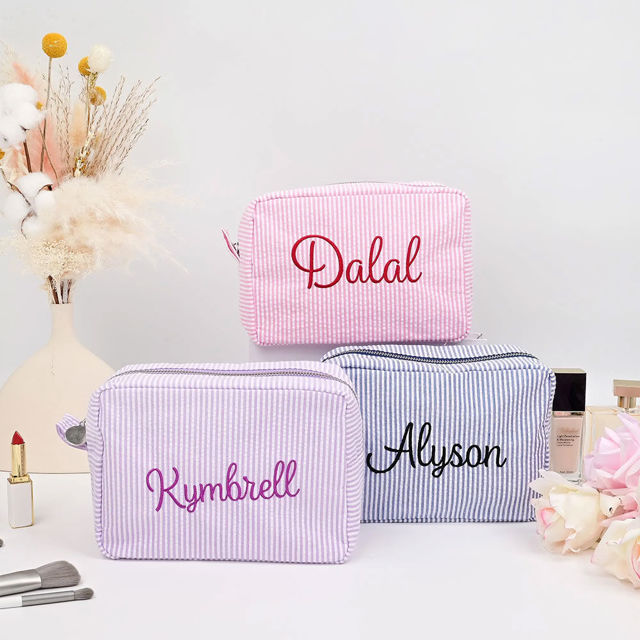 Picture of Custom Embroidered Striped Makeup Bag - Custom Seersucker Storage Makeup Bag - Personalized Travel and Business Travel Portable Storage Bag