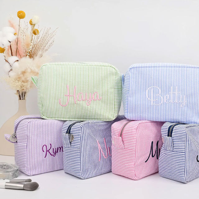 Picture of Custom Embroidered Striped Makeup Bag - Custom Seersucker Storage Makeup Bag - Personalized Travel and Business Travel Portable Storage Bag