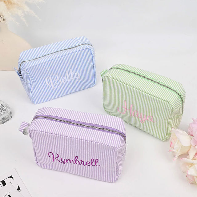 Picture of Custom Embroidered Striped Makeup Bag - Custom Seersucker Storage Makeup Bag - Personalized Travel and Business Travel Portable Storage Bag