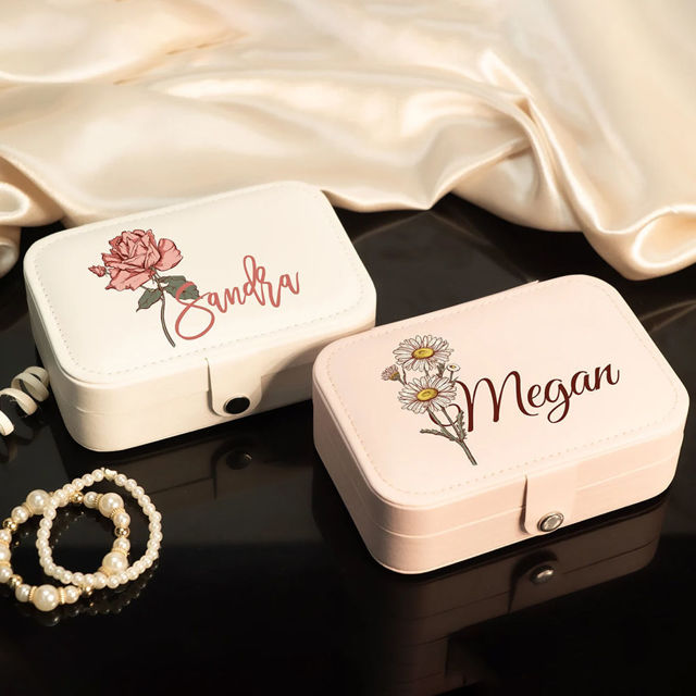 Picture of Custom Birth Flower Travel Jewelry Case - Personalized Travel box for Rings Earrings and Necklace