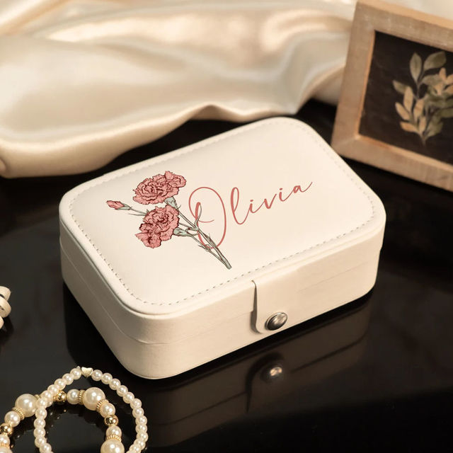 Picture of Custom Birth Flower Travel Jewelry Case - Personalized Travel box for Rings Earrings and Necklace