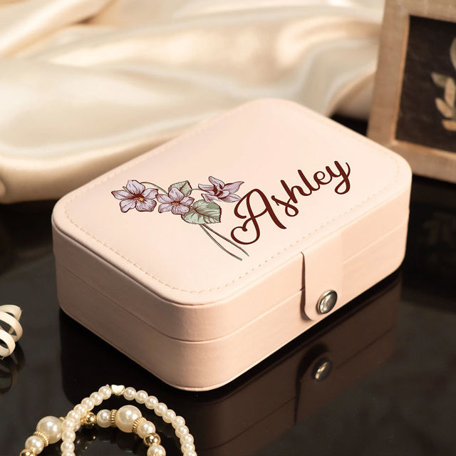 Picture of Custom Birth Flower Travel Jewelry Case - Personalized Travel box for Rings Earrings and Necklace