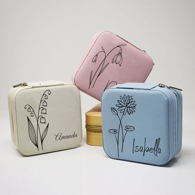 Picture of Custom Birth Flower Travel Jewelry Box - Personalized Small Travel case - Bridesmaid Gift - Wedding Gift