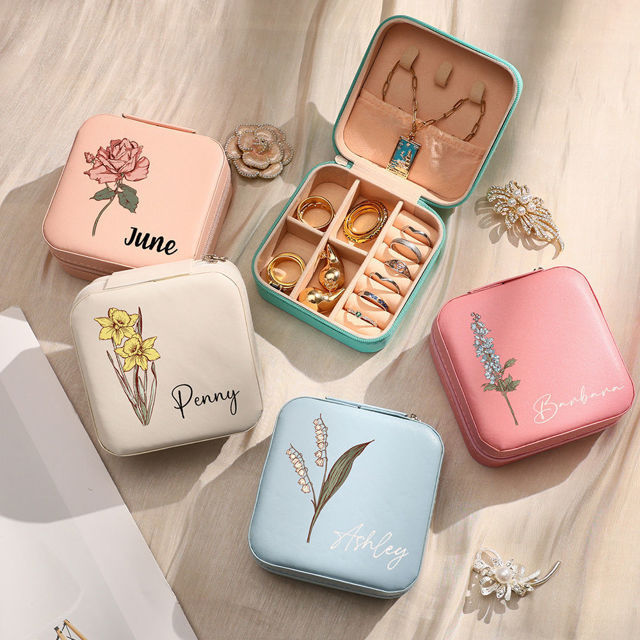 Picture of Personalized Colored Birth Flower Travel Jewelry box - Custom Travel case - Bridesmaid Gift