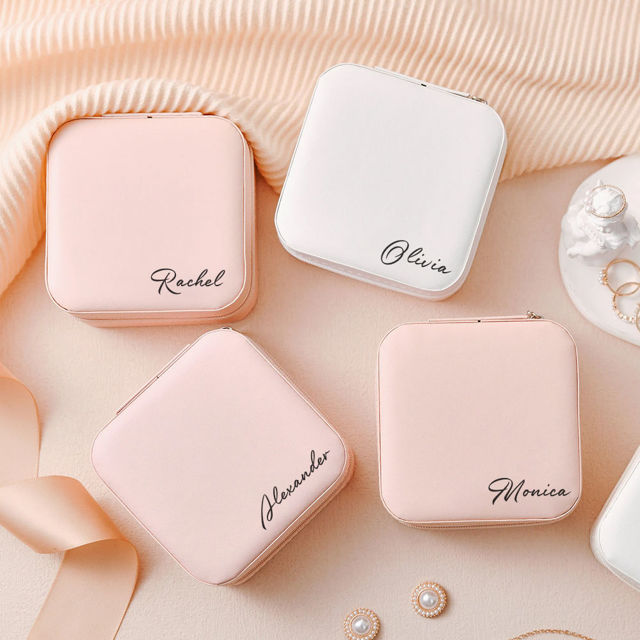 Picture of Custom Square Travel Jewelry Box - Personalized Small Travel case - Bridesmaid Gift