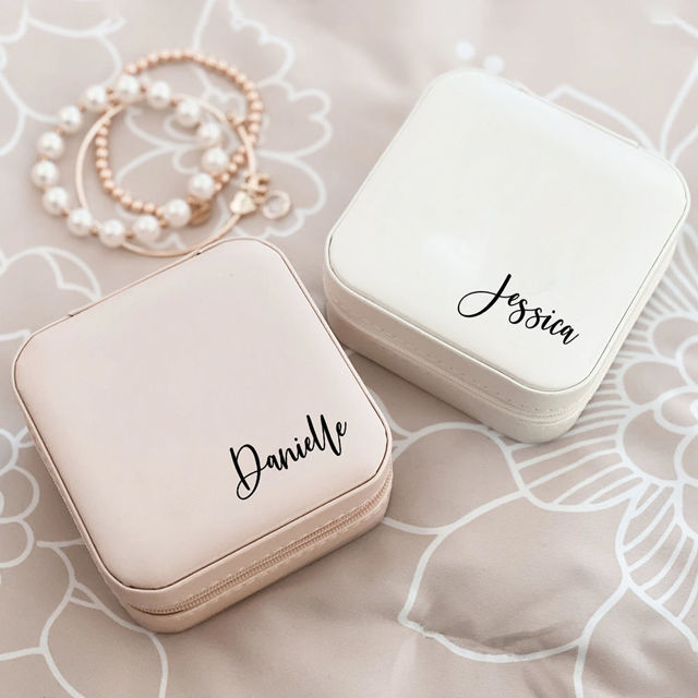 Picture of Custom Square Travel Jewelry Box - Personalized Small Travel case - Bridesmaid Gift