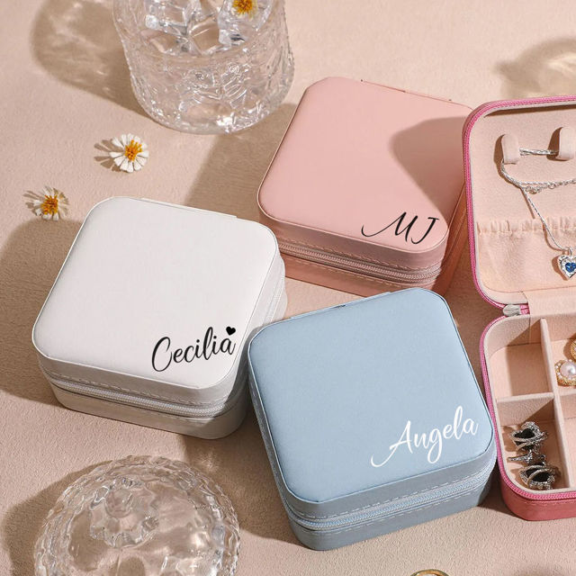 Picture of Custom Square Travel Jewelry Box - Personalized Small Travel case - Bridesmaid Gift