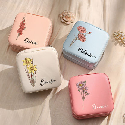 Picture of Personalized Colored Birth Flower Travel Jewelry box - Custom Travel case - Bridesmaid Gift