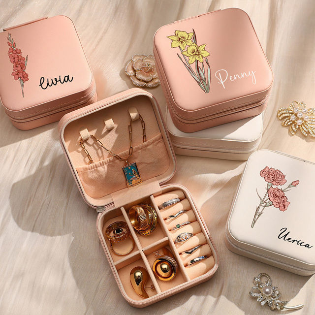 Picture of Personalized Colored Birth Flower Travel Jewelry box - Custom Travel case - Bridesmaid Gift