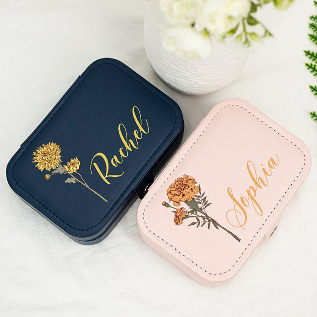 Picture of Custom Birth Flower Travel Jewelry Case - Personalized Travel box for Rings Earrings and Necklace