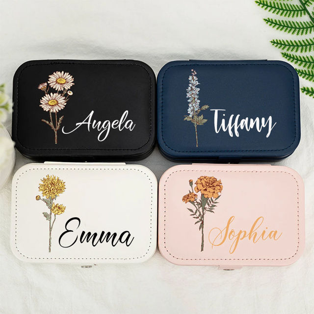 Picture of Custom Birth Flower Travel Jewelry Case - Personalized Travel box for Rings Earrings and Necklace