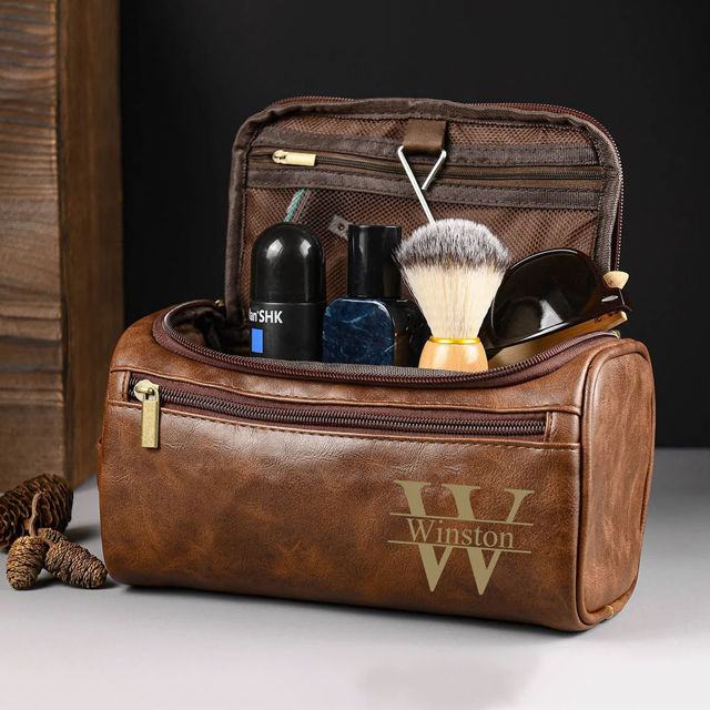 Picture of Custom Leather Toiletry Bag for Men - Personalized Groomsmen Gifts - Men's Leather Toiletry Bags - Travel Bag For Men