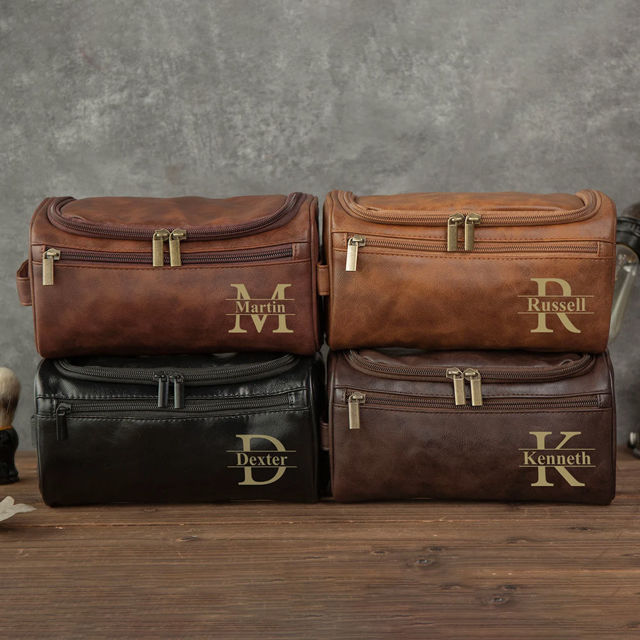 Picture of Custom Leather Toiletry Bag for Men - Personalized Groomsmen Gifts - Men's Leather Toiletry Bags - Travel Bag For Men