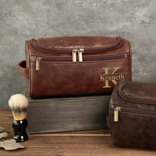 Picture of Custom Leather Toiletry Bag for Men - Personalized Groomsmen Gifts - Men's Leather Toiletry Bags - Travel Bag For Men