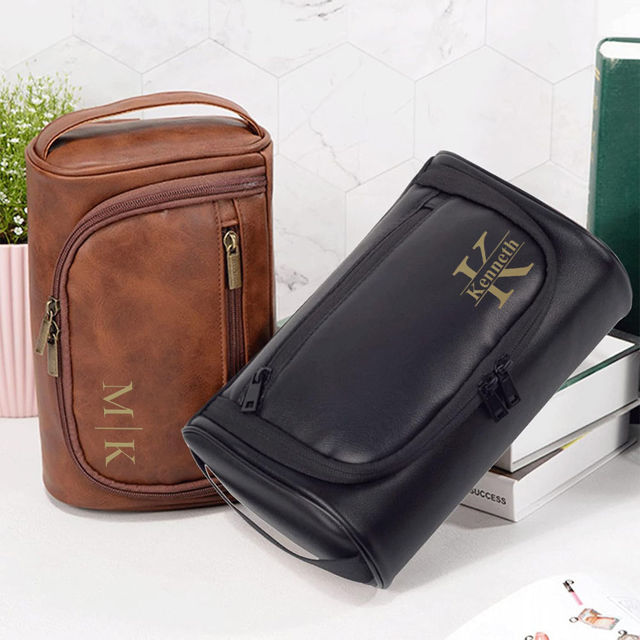 Picture of Personalized Groomsmen Gifts - Custom Leather Toiletry Bag - Travel Bag for Men - Birthday Gift