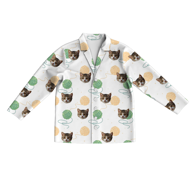 Picture of Custom Long Sleeve Pajamas - Custom Cat Face Pajamas - Custom Cat Face Wool Ball Long Sleeve Pajamas