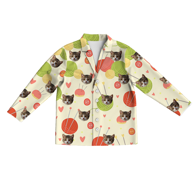 Picture of Custom long sleeve pajamas - Custom cat face pajamas - Custom cat face wool ball colorful long sleeve pajamas