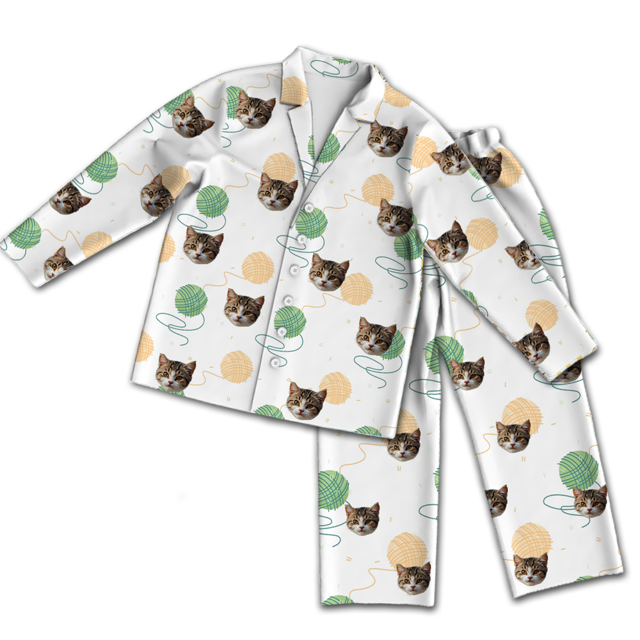 Picture of Custom Long Sleeve Pajamas - Custom Cat Face Pajamas - Custom Cat Face Wool Ball Long Sleeve Pajamas