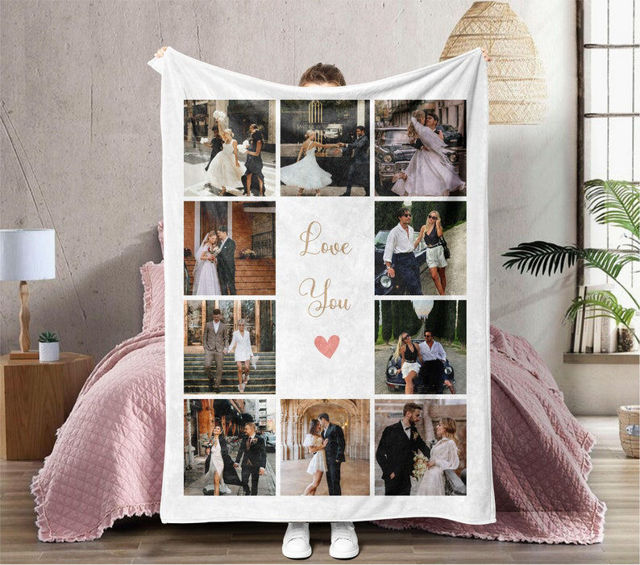 Picture of Custom Photo Blankets with Text - Personalized Family Blanket with 10 Photos - Make Your Own Blankets - Best Gifts for Family