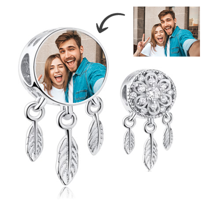 Picture of Custom Four-Sided Square Photo Charm Dreamcatcher Platinum Plated in 925 Sterling Silver