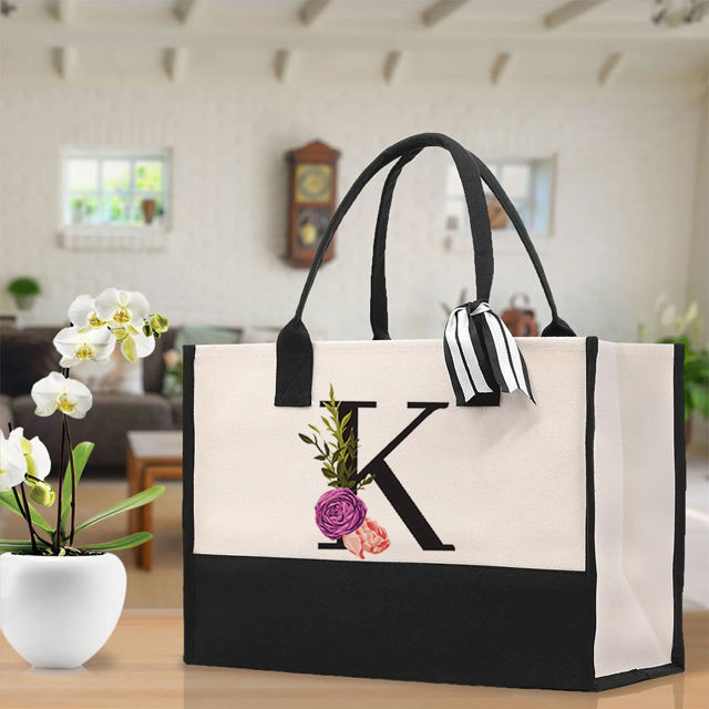 Picture of Custom Canvas Tote Bag with Flower - Personalized  Name Tote Bag -  Bridesmaid Gift