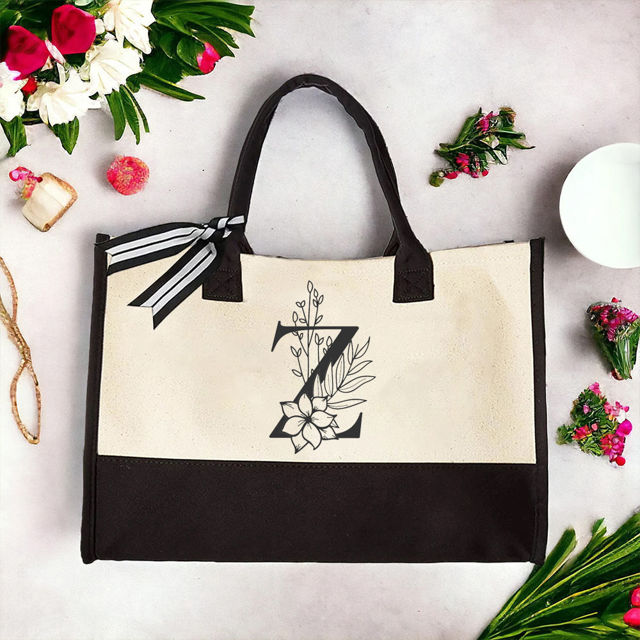 Picture of Custom Canvas Tote Bag with Flower - Personalized  Name Tote Bag -  Bridesmaid Gift