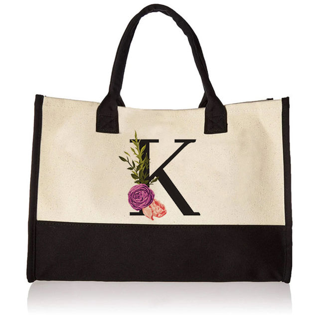 Picture of Custom Canvas Tote Bag with Flower - Personalized  Name Tote Bag -  Bridesmaid Gift