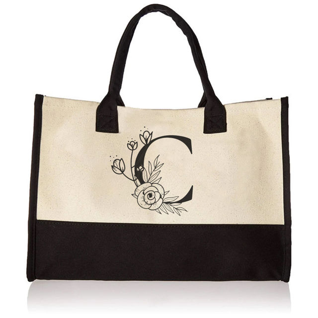 Picture of Custom Canvas Tote Bag with Flower - Personalized  Name Tote Bag -  Bridesmaid Gift