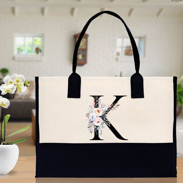 Picture of Custom Canvas Tote Bag with Flower - Personalized  Name Tote Bag -  Bridesmaid Gift